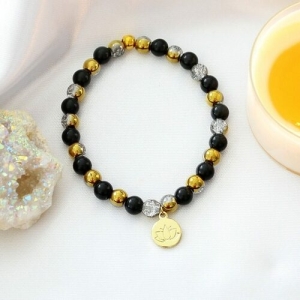 Obsidian Bracelet with Lotus Flower Charm